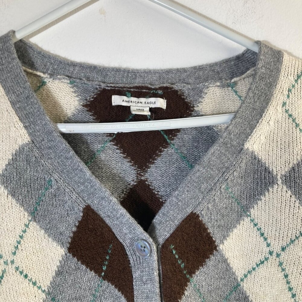 Womens American Eagle Argyle Cardigan Button Gray Brown White S - Picture 3 of 7